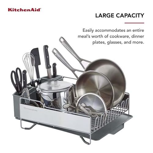 키친에이드 KitchenAid Large Capacity,Full Size, Rust Resistan Dish Rack with Self Draining Angled Drain Board and Removable Flatware Caddy, Light Grey, Gray