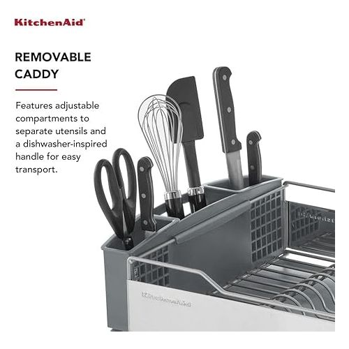 키친에이드 KitchenAid Large Capacity,Full Size, Rust Resistan Dish Rack with Self Draining Angled Drain Board and Removable Flatware Caddy, Light Grey, Gray