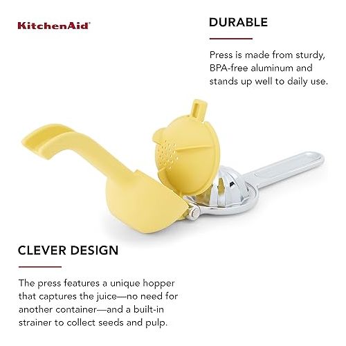 키친에이드 KitchenAid Citrus Juice Press Squeezer for Lemons and Limes with Seed Catcher and Pour Spout, Lemon, 8 inches