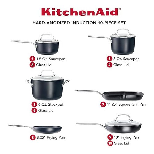 키친에이드 KitchenAid Hard Anodized Induction Nonstick Cookware Pots and Pans Set, 10 Piece, Matte Black