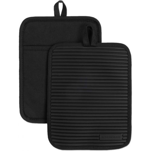 키친에이드 KitchenAid Ribbed Soft Silicone Water Resistant Pot Holder Set, Onyx Black, 2 Piece Set