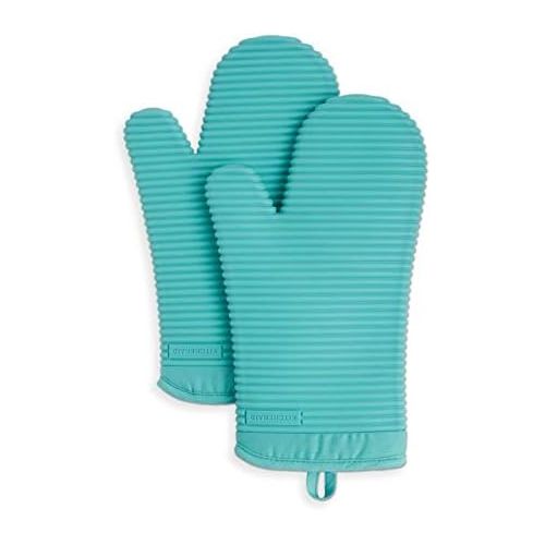 키친에이드 KitchenAid Ribbed Soft Silicone Oven Mitt Set, 7x13, Aqua Sky 2 Count