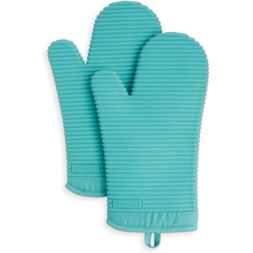 키친에이드 KitchenAid Ribbed Soft Silicone Oven Mitt Set, 7x13, Aqua Sky 2 Count