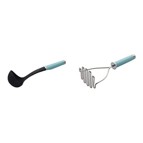 키친에이드 KitchenAid Gourmet Stainless Steel Wire Masher, One Size, Matte Aqua Sky & Gourmet Nylon Ladle, One Size, Aqua Sky