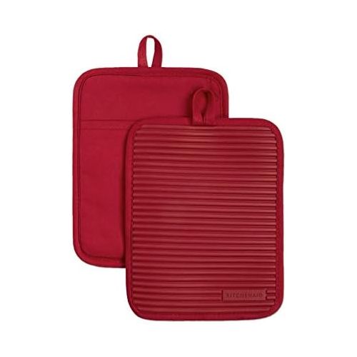 키친에이드 KitchenAid Ribbed Soft Silicone Water Resistant Pot Holder Set, Passion Red, 2 Piece Set