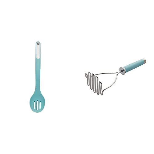 키친에이드 KitchenAid Gourmet Stainless Steel Wire Masher, One Size, Matte Aqua Sky & Slotted spoon, 13.5 inches, Aqua