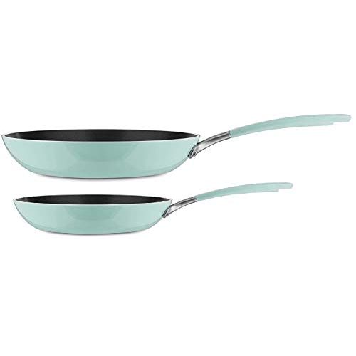 키친에이드 KitchenAid Aluminum Nonstick 10 and 12 Skillets Twin Pack Fry pans, Heavy-Gauge 4.0 Stainless Steel Base Induction Dishwasher Oven Safe, Ice Blue