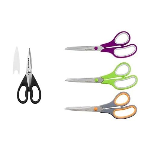 키친에이드 KitchenAid All Purpose Shears, One Size, Black/Black & AmazonBasics Multipurpose, Comfort Grip, Titanium Fused, Stainless Steel Office Scissors - Pack of 3