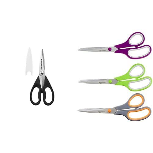 키친에이드 KitchenAid All Purpose Shears, One Size, Black/Black & AmazonBasics Multipurpose, Comfort Grip, Titanium Fused, Stainless Steel Office Scissors - Pack of 3