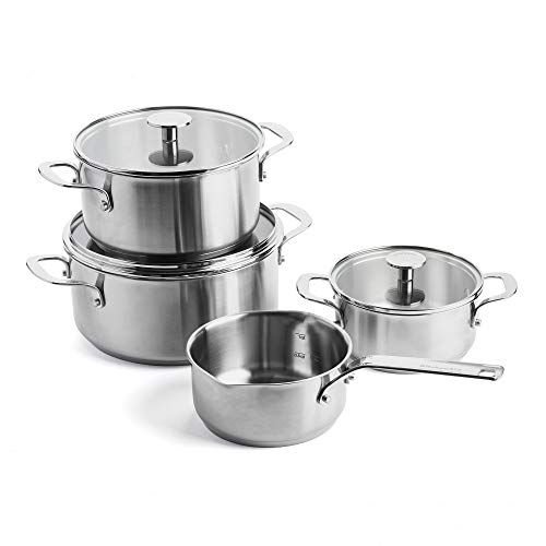 키친에이드 KitchenAid Cookware Set, Stainless Steel Casseroles Set with Lids, 16/20/24 cm + Saucepan with 2 Spots 16 cm/1.5 Litres, 7 pcs