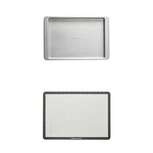 키친에이드 KitchenAid Nonstick Aluminized Steel Baking Sheet, 13x18-Inch, Silver With Silicone Large Baking Mat, 12x17-Inch, Gray