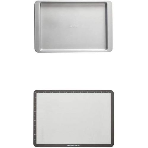 키친에이드 KitchenAid Nonstick Aluminized Steel Baking Sheet, 13x18-Inch, Silver With Silicone Large Baking Mat, 12x17-Inch, Gray