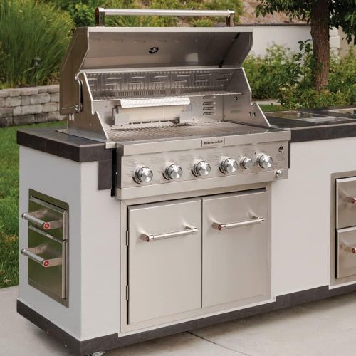 키친에이드 KitchenAid 740-0781 4-Burner Stainless Steel Built-in 71,000 BTU Propane Gas Island Grill w/ Searing Main Burner and Rotisserie Burner