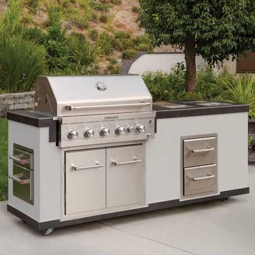 키친에이드 KitchenAid 740-0781 4-Burner Stainless Steel Built-in 71,000 BTU Propane Gas Island Grill w/ Searing Main Burner and Rotisserie Burner