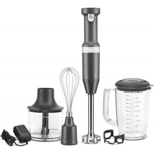 키친에이드 KitchenAid Cordless Variable Speed Hand Blender with Chopper and Whisk Attachment - KHBBV83, Matte Charcoal Grey