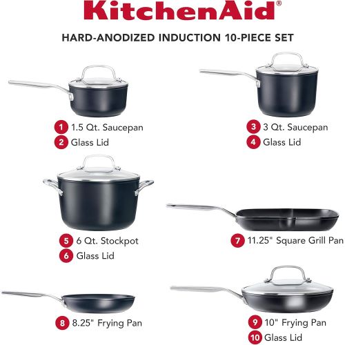 키친에이드 KitchenAid Hard Anodized Induction Nonstick Cookware Pots and Pans Set, 10 Piece, Matte Black