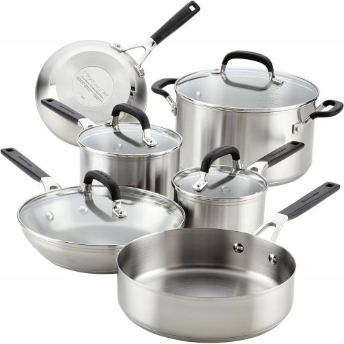 키친에이드 KitchenAid Stainless Steel Cookware Pots and Pans Set, 10 Piece, Brushed Silver