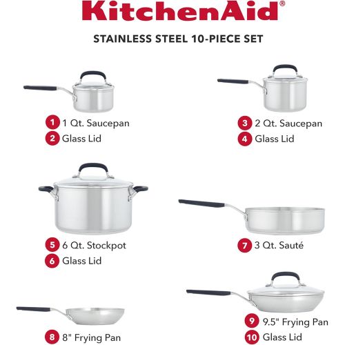 키친에이드 KitchenAid Stainless Steel Cookware Pots and Pans Set, 10 Piece, Brushed Silver