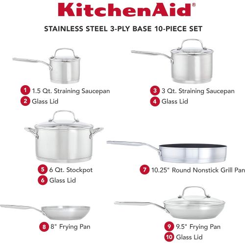 키친에이드 KitchenAid 3-Ply Base Stainless Steel Cookware Pots and Pans Set, 10 Piece, Brushed Stainless