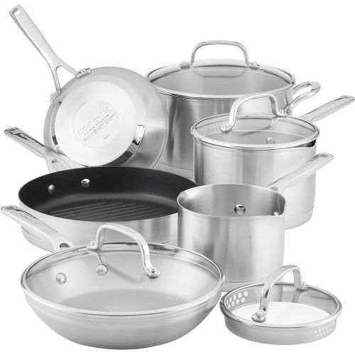 키친에이드 KitchenAid 3-Ply Base Stainless Steel Cookware Pots and Pans Set, 10 Piece, Brushed Stainless