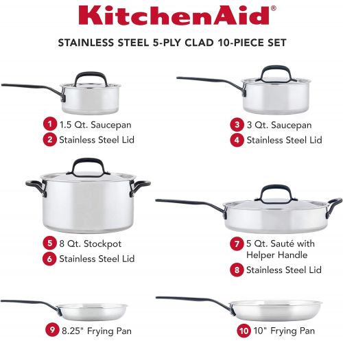 키친에이드 KitchenAid 5-Ply Clad Stainless Steel Cookware Pots and Pans Set, 10 Piece, Polished Stainless