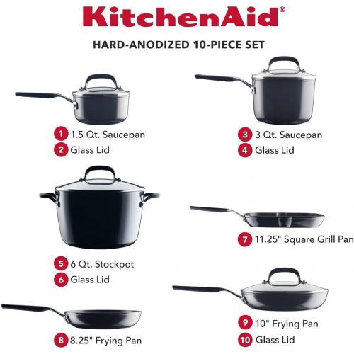 키친에이드 KitchenAid Hard Anodized Nonstick Cookware Pots and Pans Set, 10 Piece, Onyx Black