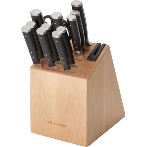 키친에이드 KitchenAid Gourmet 14-Piece Forged Triple Rivet Block Set with Built-in Knife Sharpener, Natural