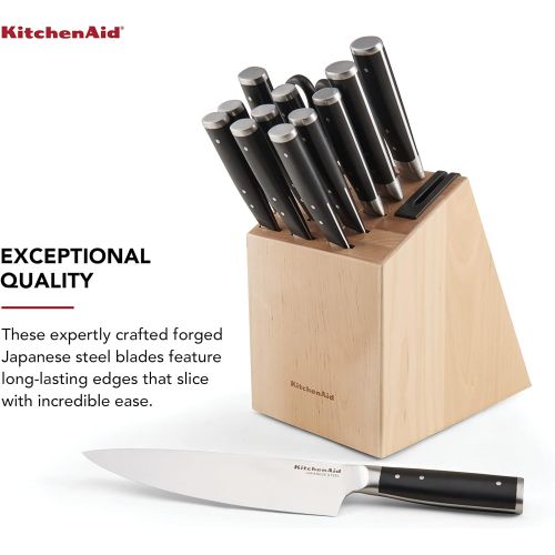 키친에이드 KitchenAid Gourmet 14-Piece Forged Triple Rivet Block Set with Built-in Knife Sharpener, Natural