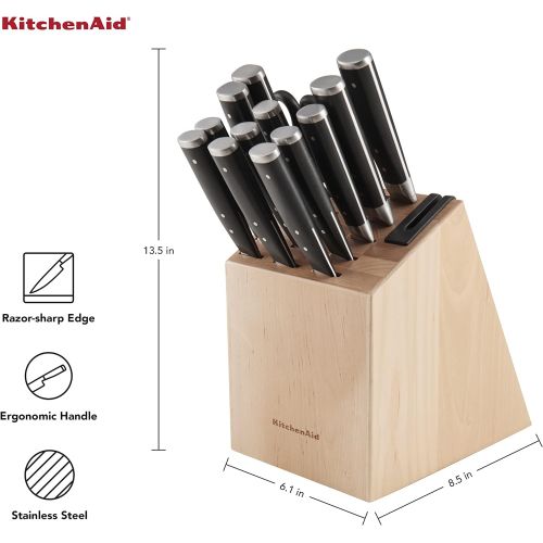 키친에이드 KitchenAid Gourmet 14-Piece Forged Triple Rivet Block Set with Built-in Knife Sharpener, Natural