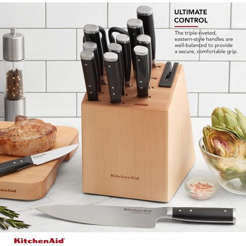 키친에이드 KitchenAid Gourmet 14-Piece Forged Triple Rivet Block Set with Built-in Knife Sharpener, Natural