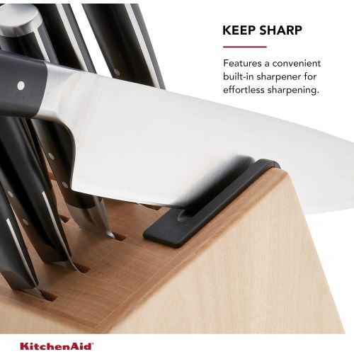 키친에이드 KitchenAid Gourmet 14-Piece Forged Triple Rivet Block Set with Built-in Knife Sharpener, Natural