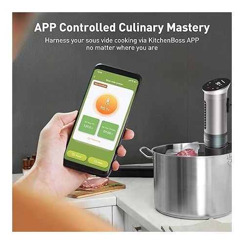  KitchenBoss Wifi Sous Vide Machine: Ultra-quiet Sous-vide Immersion Circulator Cooking Machine APP Control 1100W, IPX7 Waterproof Precision Cooker Accurate Temperature Digital Display, Silver