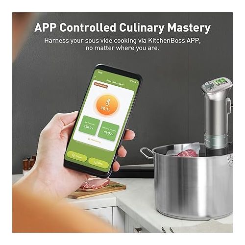  KitchenBoss Wifi Sous Vide Machine: Ultra-quiet Sous-vide Cooker Built-in LCD Recipes IPX7 Waterproof, Magnetic Knob Immersion Circulator Accurate Temperature APP Control 1100W, Silver