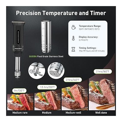  KitchenBoss Wifi Sous Vide Machine: Ultra-quiet Precision Sous-vide Cooker Immersion Circulator APP Control, IPX7 Waterproof Stainless Steel 1100W Professional Low Temperature Cooking Machines, Black