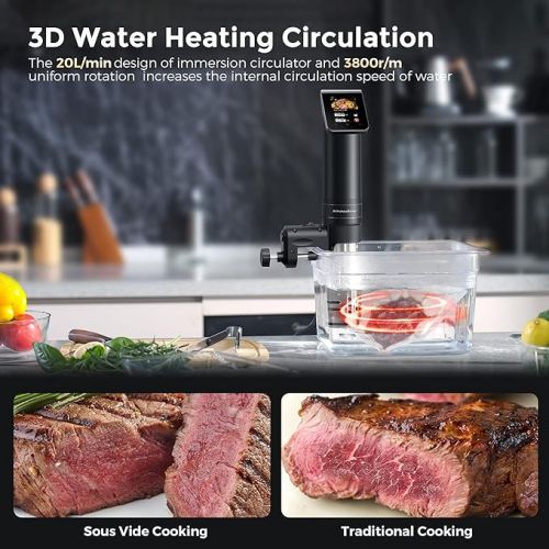  KitchenBoss WIFI Sous Vide Cooker: Ultra-Quiet Sous-vide Cooking Machine 1100 Watts Stainless Steel Immersion Circulator for Kitchen with TFT Preset Recipes, Black