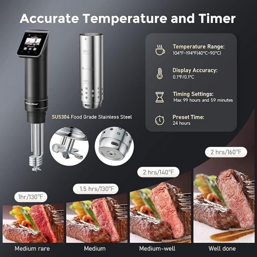  KitchenBoss WIFI Sous Vide Cooker: Ultra-Quiet Sous-vide Cooking Machine 1100 Watts Stainless Steel Immersion Circulator for Kitchen with TFT Preset Recipes, Black