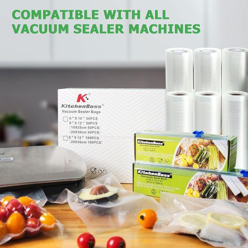  KitchenBoss Vacuum Sealer Rolls 3 Rolls 20 x500cm Food vacuum Saver Bags with Cutter-Box, Heavy Duty Embossed Food Storage Sealing Bags for Vacuum Sealer and Sous Vide (3 Rolls 8 x