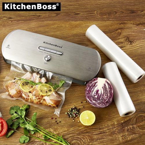  KitchenBoss Vacuum Sealer Machine for Dry & Moist Foods Preservation Automatic Vacuum Sealing System, Intelligent LED Indicator Lights,with Starter Kit Inclued 20 PCS Bags(Stainles