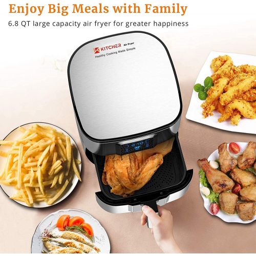  Kitcher 6.8Qt Air Fryer, Hot Air Fryer with 8 Cooking Functions Temperature Timer Control Led Touch Screen 50 Recipes, Stainless Steel Silver