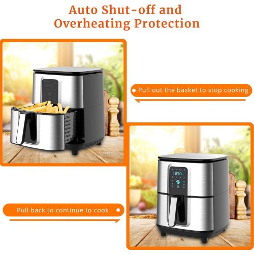  Kitcher 6.8Qt Air Fryer, Hot Air Fryer with 8 Cooking Functions Temperature Timer Control Led Touch Screen 50 Recipes, Stainless Steel Silver