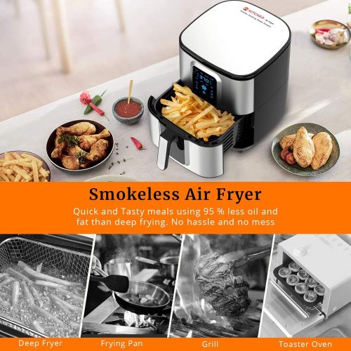  Kitcher 6.8Qt Air Fryer, Hot Air Fryer with 8 Cooking Functions Temperature Timer Control Led Touch Screen 50 Recipes, Stainless Steel Silver