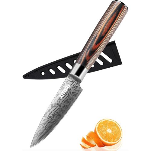  KITORY Paring Knife 3.5 inch Small Damascus Pattern Kitchen Knife with Sheath, German Carbon Stainless Steel Ergonomic, Pakkawood Handle, Sharp Fruit Knife for Home&Restaurant - FL