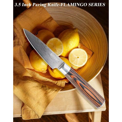  KITORY Paring Knife 3.5 inch Small Damascus Pattern Kitchen Knife with Sheath, German Carbon Stainless Steel Ergonomic, Pakkawood Handle, Sharp Fruit Knife for Home&Restaurant - FL