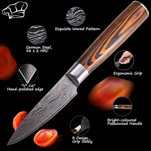  KITORY Paring Knife 3.5 inch Small Damascus Pattern Kitchen Knife with Sheath, German Carbon Stainless Steel Ergonomic, Pakkawood Handle, Sharp Fruit Knife for Home&Restaurant - FL