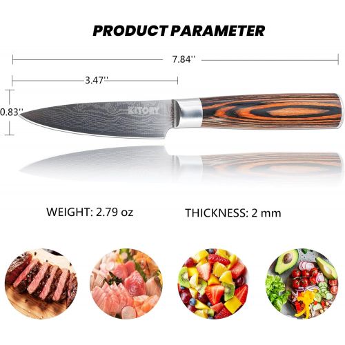  KITORY Paring Knife 3.5 inch Small Damascus Pattern Kitchen Knife with Sheath, German Carbon Stainless Steel Ergonomic, Pakkawood Handle, Sharp Fruit Knife for Home&Restaurant - FL