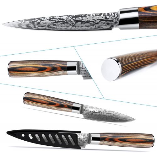  KITORY Paring Knife 3.5 inch Small Damascus Pattern Kitchen Knife with Sheath, German Carbon Stainless Steel Ergonomic, Pakkawood Handle, Sharp Fruit Knife for Home&Restaurant - FL