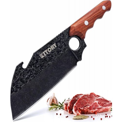  Kitory Meat Cleaver Butcher Boning Knife Forged Kitchen Knife Multi-Function Cleaver Knife Chopping Knife with Large Finger Hole and Bottle Opener Ideal for Kitchen, Camping, BB, h