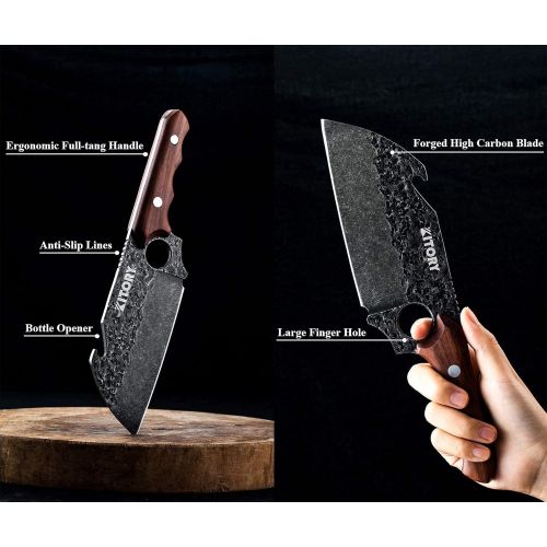  Kitory Meat Cleaver Butcher Boning Knife Forged Kitchen Knife Multi-Function Cleaver Knife Chopping Knife with Large Finger Hole and Bottle Opener Ideal for Kitchen, Camping, BB, h