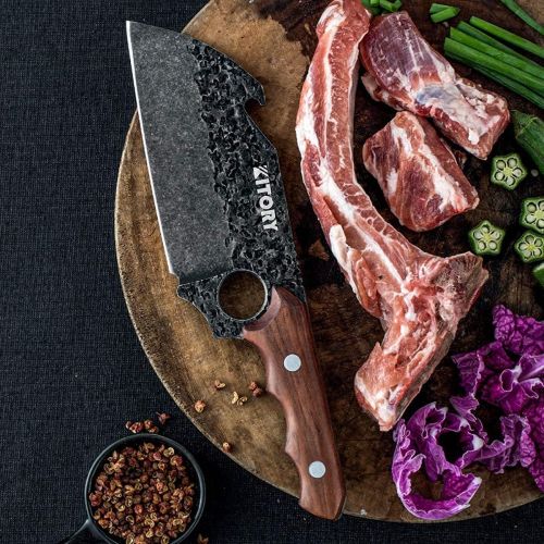  Kitory Meat Cleaver Butcher Boning Knife Forged Kitchen Knife Multi-Function Cleaver Knife Chopping Knife with Large Finger Hole and Bottle Opener Ideal for Kitchen, Camping, BB, h