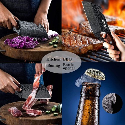  Kitory Meat Cleaver Butcher Boning Knife Forged Kitchen Knife Multi-Function Cleaver Knife Chopping Knife with Large Finger Hole and Bottle Opener Ideal for Kitchen, Camping, BB, h